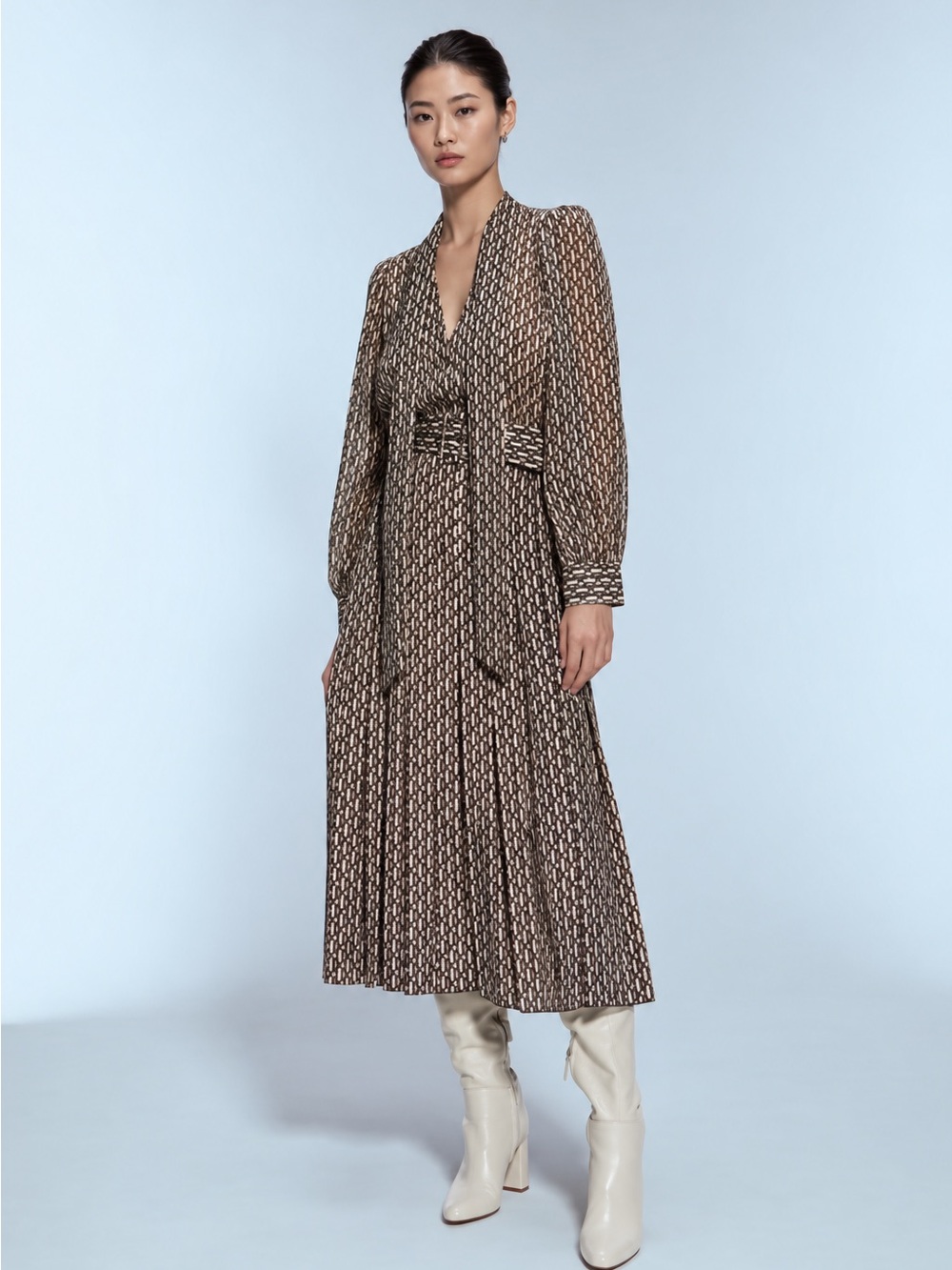 Zara Brown Patterned Long Sleeve V-Neck Midi Dress Size S